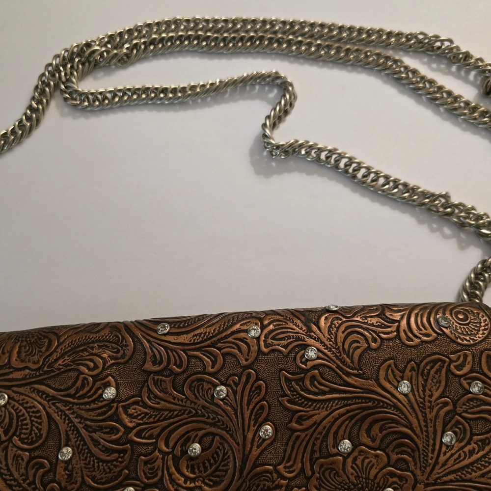 Western Embossed Buckle Crossbody Bag Bronze Brown Chain Strap w/ rhinestones - Picture 6 of 14